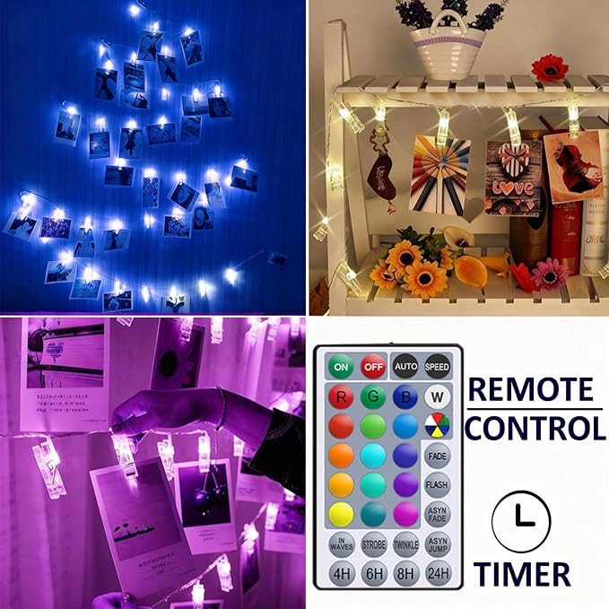 Solhice 20ft Photo Clips String Lights Color Changing 40 LEDs, Hanging Lights for Teen Girls Room Decor, Teenage Christmas Gifts, Indoor Bedroom USB Wall Lights for Pictures with Remote