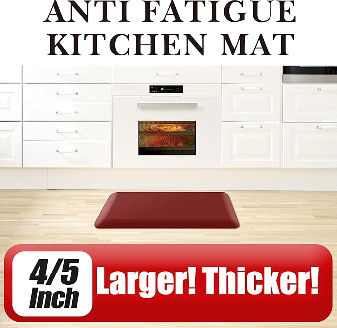 4/5 Inch Thick Kitchen Mat - Cushioned Anti Fatigue Mats for Kitchen Floor - Easy to Clean, Waterproof, Non-Slip Kitchen Rug for Sink, Office, Kitchen (17''x60'' Red)
