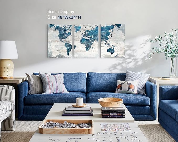 Elixart Wall Art for Living Room Office Wall Decor Pictures for Bedroom World Map Art Large Kitchen Decor 48"X24" Motivational Painting for Dining Room Wall Decorations