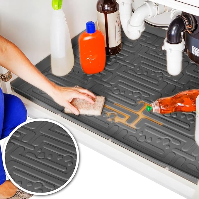 XTREME MATS Waterproof Undersink Mat (Gray 22" 1/4 x 19 1/4) Cabinet Base Liner for Bathroom Vanity Cabinets Catches Leaks Prevents Damage Flexible Driptray