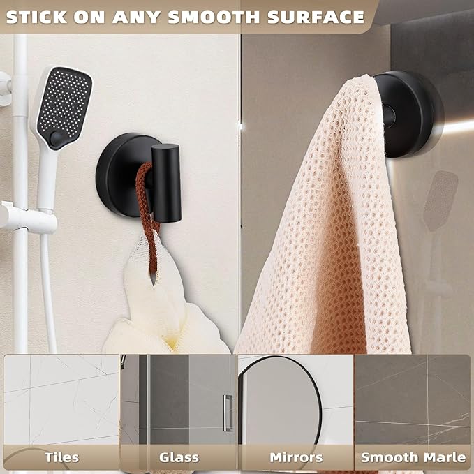 Suction Cup Hooks for Shower - Bathroom Reusable Hooks for Towels, Robes & Loofah - No-Drill Mounting on Kitchen, Walls, Metal, Glass, Mirrors, Tile & Smooth Non-Porous Surfaces Matte Black 4 Pack
