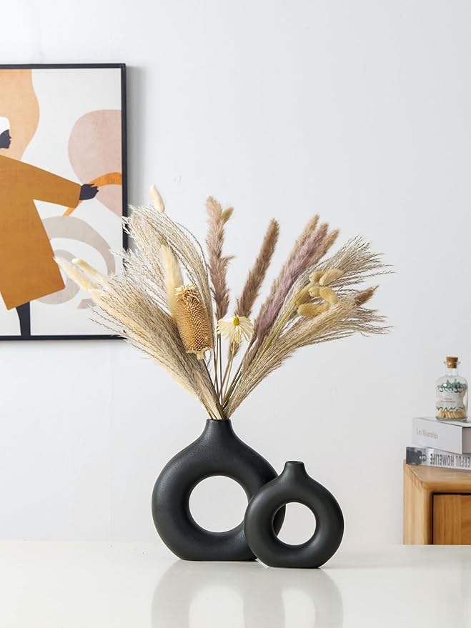 Modern Donut-Shaped Decorative Vases, Handmade Minimalist Boho ins Style, Modern Vase for Home Decor for Wedding Dinner Table Party Living Room Office Bedroom (Black, Small)