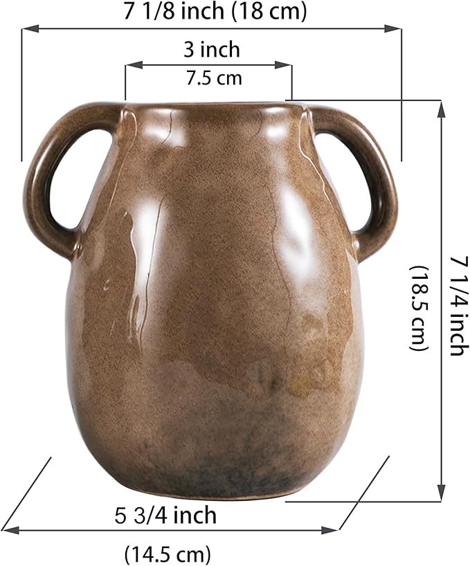 Kimdio Brown Ceramic Vase with 2 Handles, Modern Farmhouse Vases for Home Decor, Vintage Rustic Pottery Vase, Decorative Terracotta Vases, Clay Jug for Living Room Dining Table Shelf