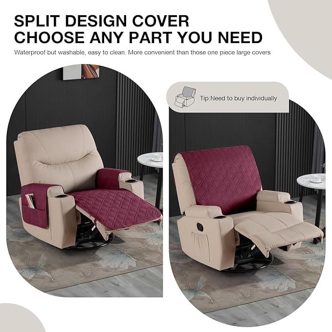 VANSOFY Recliner Chair Covers 100% Waterproof Seat Cover with Arm Reclining Cover Non-Slip Recliner Chair Covers Furniture Protector Washable Slipcover with Pocket for Pets, Dogs(Burgundy, 25")