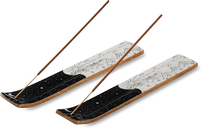 Folkulture Set of 2 Incense Holder or Incense Burner for Insence Sticks, Insence Burner Holder or Ash Catcher, Inscent Tray or Wooden Insense Stick Holders, Mango Wood, Yin Yang