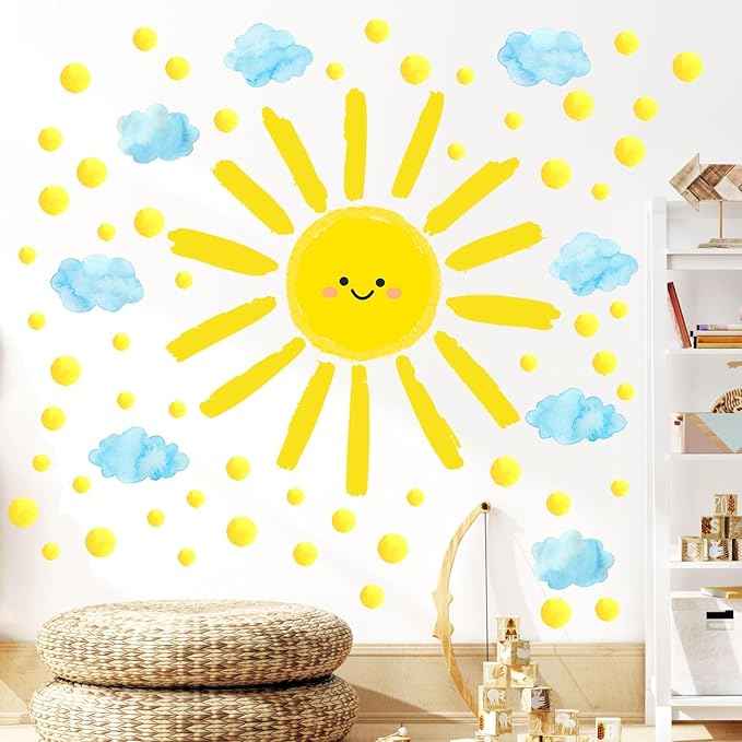 Sun Wall Decals Watercolor Cloud Wall Stickers for Kids Room, 12 Sheets Large Sun Cloud Wall Decor Posters Polka Dots Wall Stickers Home Decorations for Girls Room Bedroom Play Room
