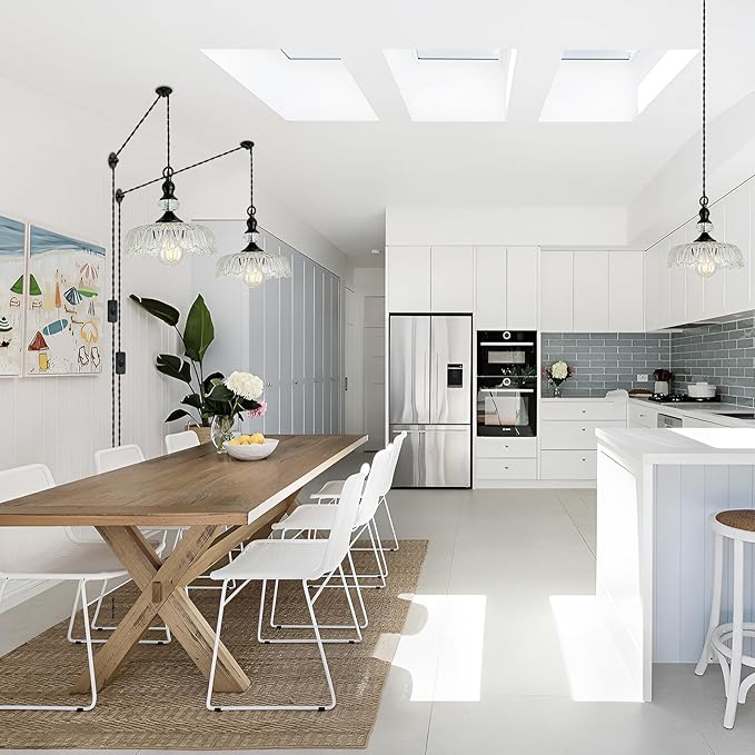 CVKASH Plug in Glass Pendant Light Fixture Black Vintage Adjustable Chandelier Hanging Ceiling Light for Farmhouse Hallway Bedroom Foyer Kitcken Dining Room Island.
