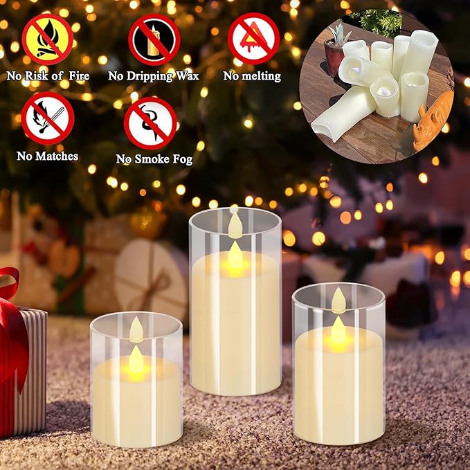 Flameless Candles 4" 5" 6" Set of 3 Acrylic Glass Pillars 3" Diameter Battery Operated Flickering Candles Include 10-Key Remote with Timer Function 400+ Hours (Pure White, Warm Light 6 Pack)