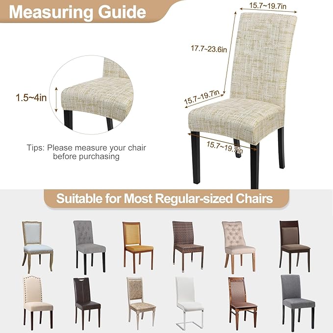 SearchI Dining Room Chair Covers Set of 4, Stretch Printed Floral Parsons Chair Slipcovers Removable Washable Kitchen Chair Protector Cover for Dining Room, Hotel, Ceremony (Beige Textured Grid)