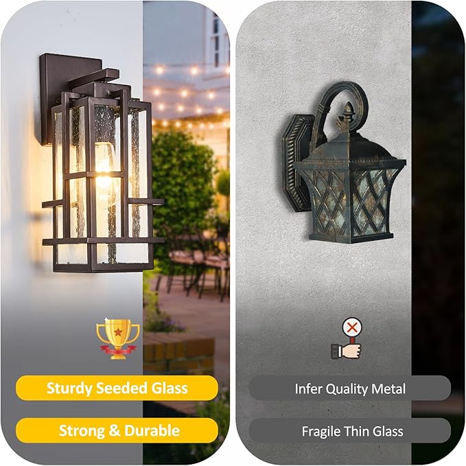 Outdoor Wall Light Fixture with Seeded Tempered Glass, Waterproof Outside Wall Coach Lantern with E26 Sockets, Brown Large Porch Sconces Lamp for House, Patio, Garage
