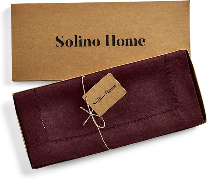 Solino Home Linen Burgundy Table Runner 72 Inches Long - 100% Pure Linen Hemstitch Table Runner 14 x 72 Inch for Dresser, Dining, Winter, Valentines - Classic Hemstitch