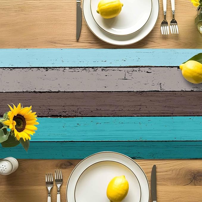 Table Runners 13X120 Inches Extra Long, Ombre Peacock Blue Gray ,Cotton Linen Farmhouse Retro Rustic Barn Wood Texture Tablecloths Non-Slip Party Table Decorations for Kitchen ,Home ,Dining ,Outdoor,