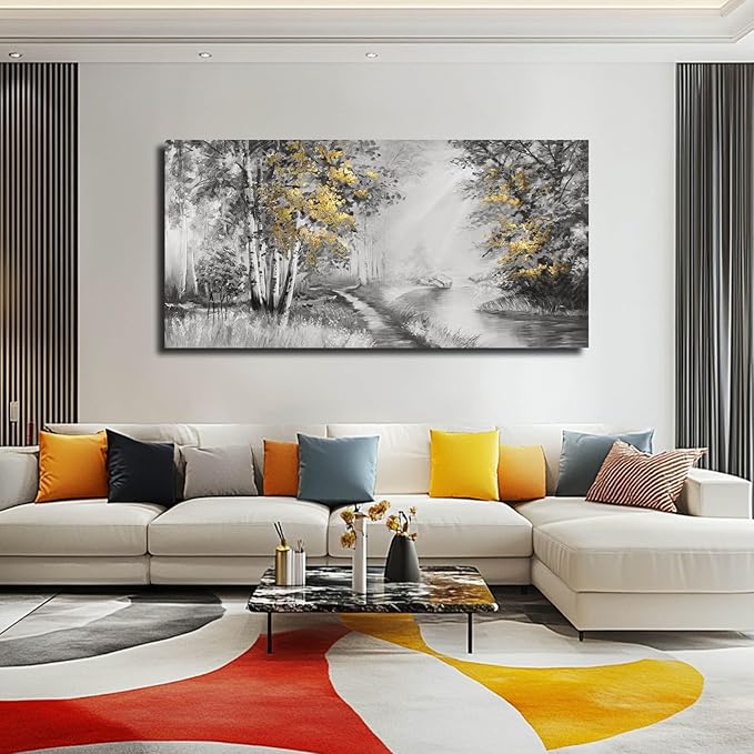 SOUGUAN Wall Art for Bedroom Forest Canvas Art Hand Painted Artwork Gold Plant Pictures for Living Room Office Home Decoration 30x60 Inch