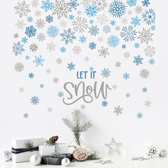 Mfault Winter Blue Grey Snowflake Wall Decals Stickers, Let It Snow Decorations Bedroom Art, Christmas Seasonal Home Living Room Kitchen Decor
