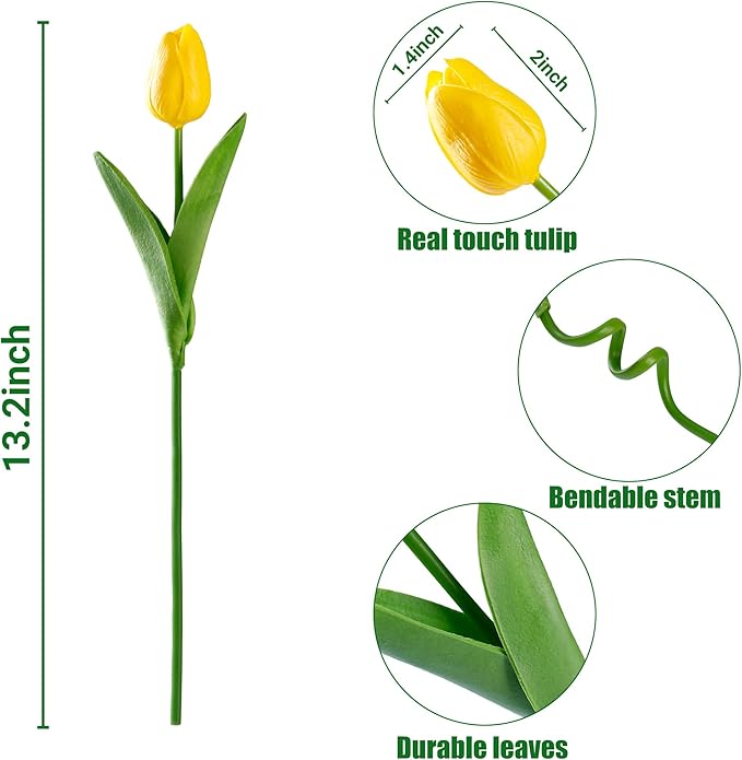 Sggvecsy 30 Pcs Fake Tulips Artificial Flowers Real Touch PU Faux Flowers Tulip Stems for Wedding Spring Bouquet Floral Arrangement Home Party Office Decorations for Mother's Day (Dark Yellow)