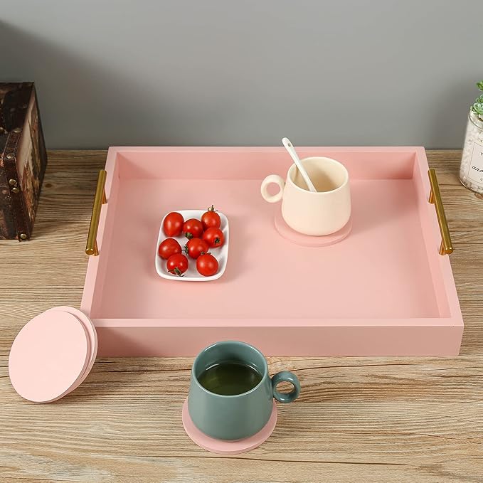 Serving Tray 16.5“X 13“Deluxe Wooden Ottoman Tray for Coffee Table with Polished Gold Metal Handles and 4 Coasters, Living Room Bathroom Coffee Bar Organizer Modern Decorative Pink Tray