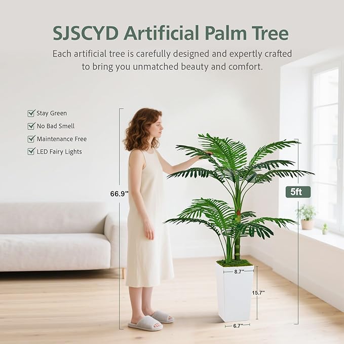 Artificial Palm Tree 5FT - Fake Tree with Tall Planter and Fairy Lights, Large Tropical Palm Faux Tree, Fake Plants for Indoor Outdoor Living Room Outside Patio Office Home Decor