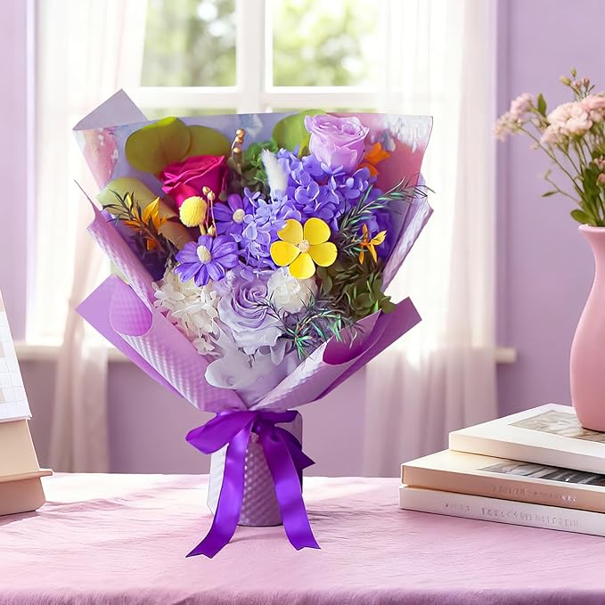 Sen Flora Preserved Flowers Bouquet, 3-Piece Eternal Purple Roses Mixed Bouquet, Real Forever Flowers for Delivery, Long Lasting Flower Gifts for Her