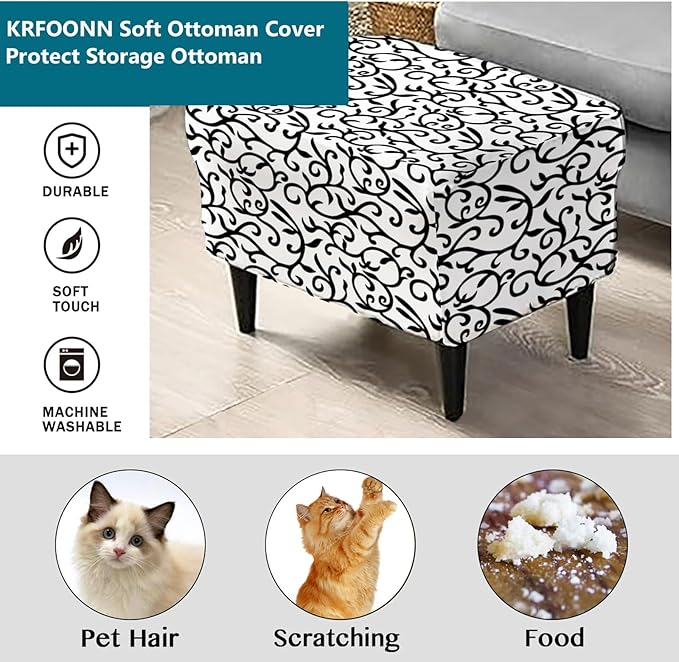 KRFOONN Stretch Ottoman Cover Slipcovers Rectangle Fit Length 55"-63" Footrest Stool Covers Printed Ottoman Cover for Foot Stool Furniture Protector with Non Slip Elastic Bottom, Color 09