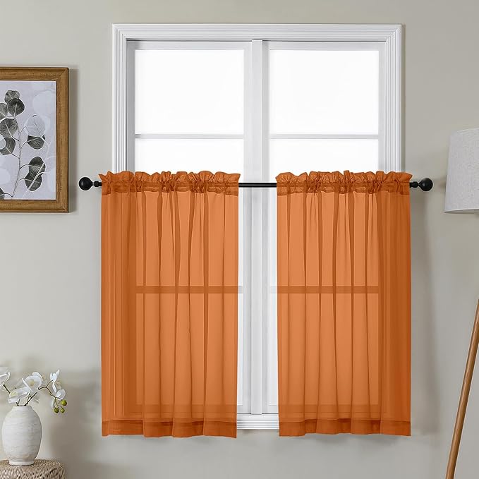 Gwine Burnt Orange Sheer Kitchen Curtains 36 Inch Length, Light Filtering Voile Soft Airy Small Cafe Curtains, Fall Short Window Curtain for Bathroom Basement, 42Wx36L inch, 2PCS