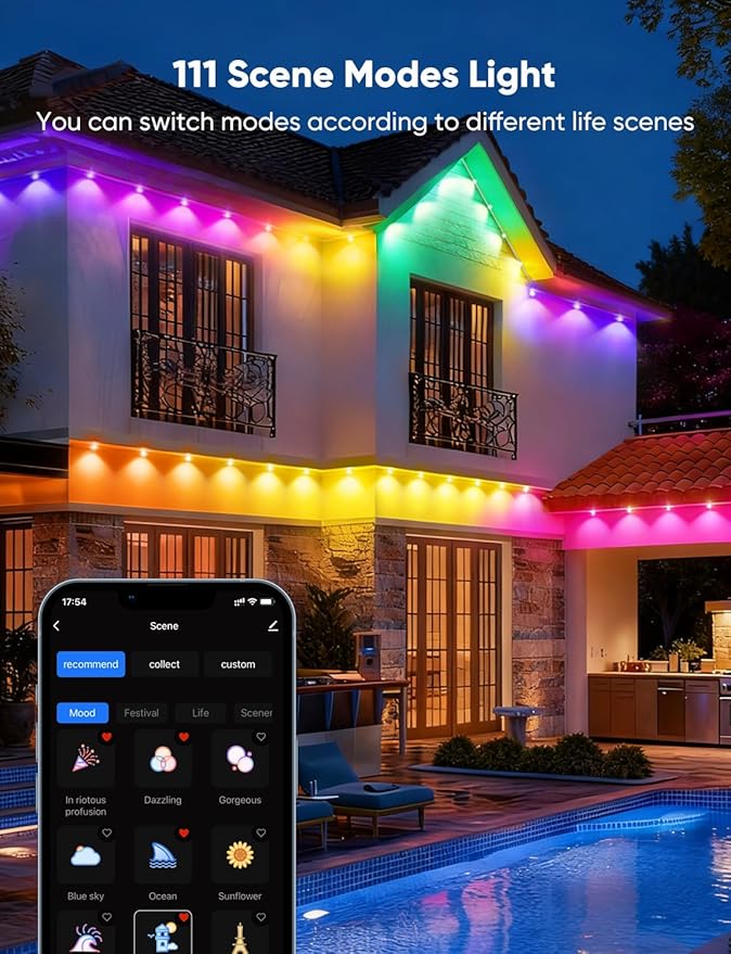 APPECK Permanent Outdoor Lights 400ft with 288 LED Lights, 144W Smart RGBW Eaves Lights,DC 36V, 40LM, IP67 Waterproof String Lights for Christams, Party Decor, Compatible with Alexa, Black
