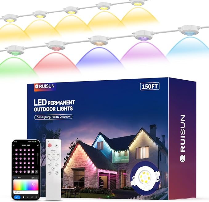 Permanent Outdoor Lights for House, 150FT with 90 RGBCW LEDs for Christmas, Daily and Holiday Lighting, Eave Lights for Outdoor Decorations, IP67 Waterproof, Works with Alexa, Google Assistant, White