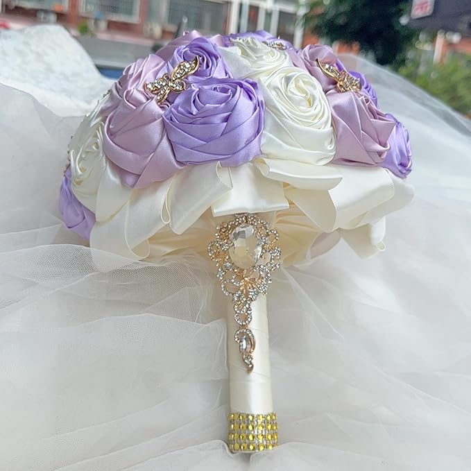 Handmade Floral Satin Rose Butterfly Shape Rhinestone Bridal Bouquet Luxury Golden Rhinestone Artificial Flowers for Wedding