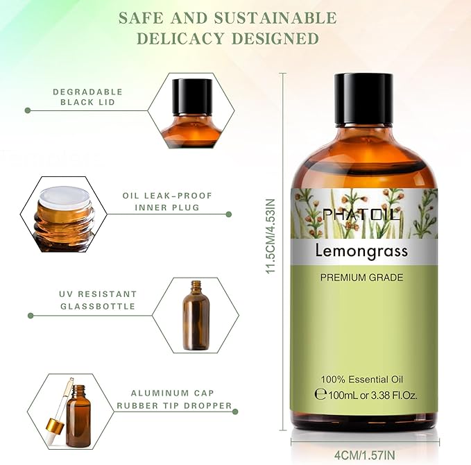 PHATOIL 100ML Lemongrass Essential Oil, 3.38FL.OZ Essential Oils for Diffuser, Humidifier, Relax, Aromatherapy, Lemongrass Oil Scented Oils for Soap, Candle Making