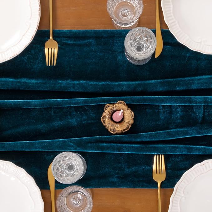 Socomi 4pcs Peacock Velvet Valentine's Day Table Runner Cloth Decor 20 x 120 Inches 10ft Fabric Luxurious Thanksgiving Wedding Runner for New Year Bridal Shower