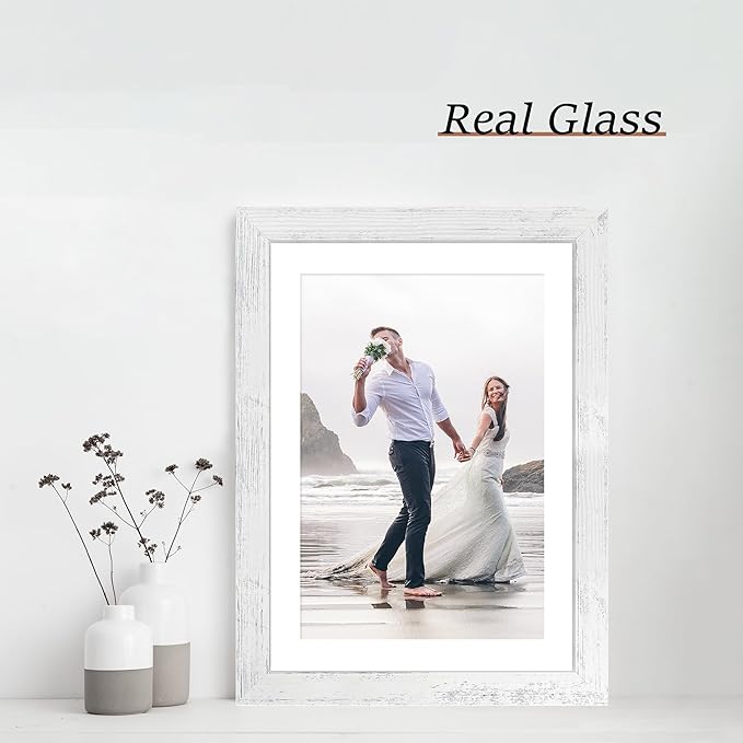 iRahmen 10x14 Picture Frame Set of 4 with Tempered Glass, Distressed White Frame Display 8x12 Picture with Mat or 10 x 14 Without Mat, Wood Rustic Photo Frames for Horizontal or Vertical Wall Mounting