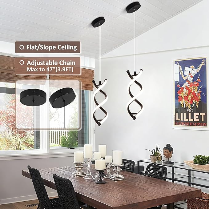 CANEOE Spiral Led Pendant Light Fixture,15W Dimmable Modern Integrated LED Pendant Lamp, Adjustable Height Kitchen Island Hanging Light Fixture for Living Room Bedroom Kitchen Sink, 1 Pack (Black)