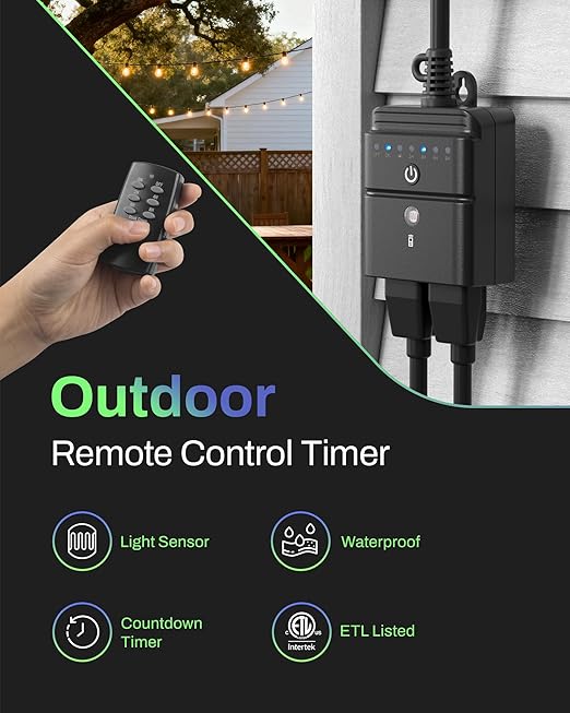 BN-LINK Outdoor Light Timer, Waterproof Plug-in Dusk-to-Dawn Controller with 2 Grounded Outlets for Christmas & Halloween String Lights, 15A 1/2HP, ETL Listed, 100 ft RF Range, Remote Included