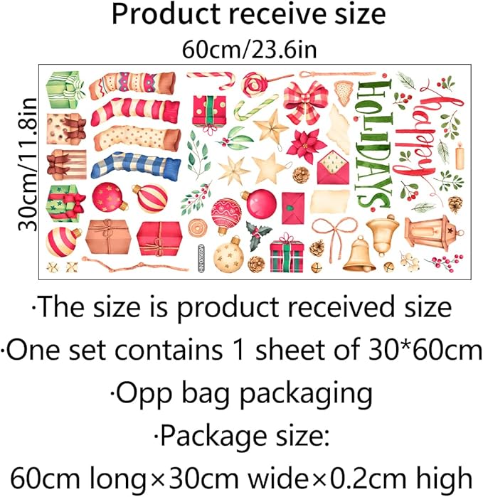 Happy Holiday Wall Stickers Christmas Window Stickers with Socks Candy Copper Bell Decals Removable Vinyl Wall Decals Window Xmas Self-Adhesive Holiday Home Decoration