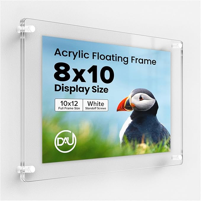 Acrylic Floating Frames White Standoffs(single) 8" x 10" Clear Acrylic Frames for Wall Mount Floating Picture Frame, Diploma Poster Certificate Hanging Photo Display Degree Prints Artwork Documents
