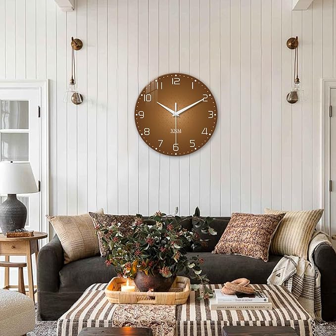 XNM Minimalist Wall Clock for Office Round Brown Wall Clock Battery Operated 20 Inch Glass Big Silent Clock Analog