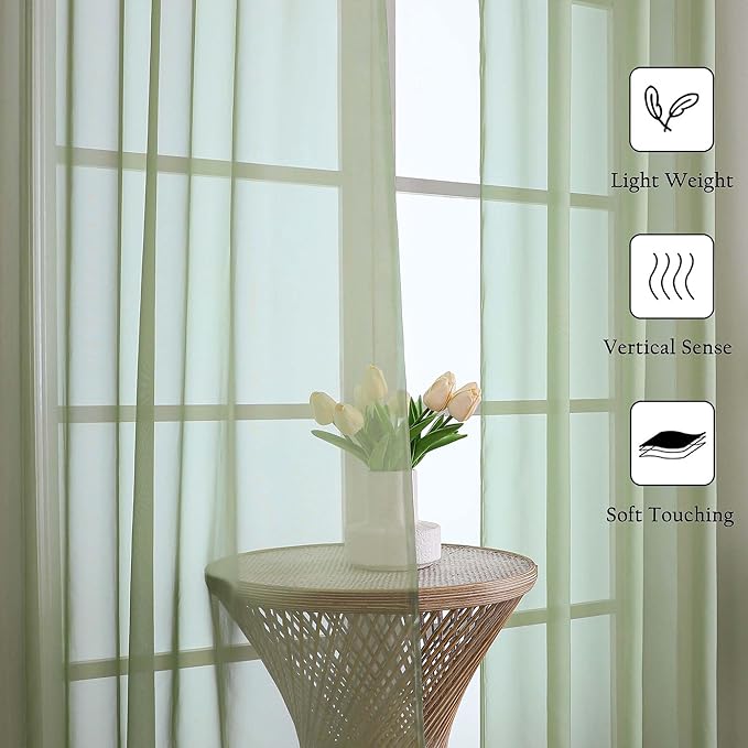 Lecloud Sage Green Sheer Curtains 96 Inches Long 2 Panels, Solid Airy Voile Dual Rod Pocket Sheer Curtains, Elegant Light Filtering Window Curtain Drapes for Living Room Bedroom Balcony, 59" W x 96" L
