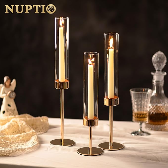 NUPTIO Hurricane Candlestick Holders for Centerpiece: Gold Taper Candles Stick Holders with Clear Glass Chimney - Tall Candleholder Set of 3 for Birthday Party Outdoor Decor