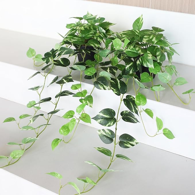 alyptus Fake Pothos Hanging Plants - 33" Set of 2 Artificial Silk Ivy Vines with Pots, Realistic Faux Greenery for Indoor Home Decor, Low Maintenance Hanging Plant Decoration (Golden Green)
