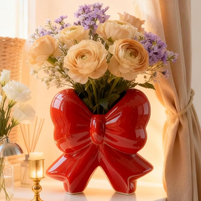 Bow Vase Red Ceramic Vase Minimalist Farmhouse Flowers Tulip Pampas Grass Flower Modern Home Bow Decor Cute Decorative for Table Bathroom Shelf