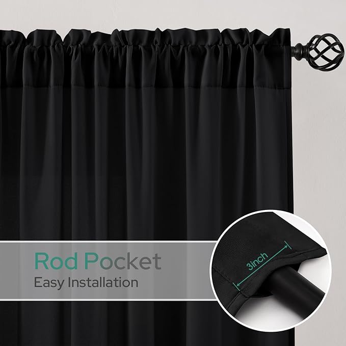 HOMEIDEAS Halloween Non-See-Through Black Privacy Semi Sheer Curtains 45 Inches Long 2 Panels Set Light Filtering Curtains for Living Room Bedroom Drapes,W52xL45