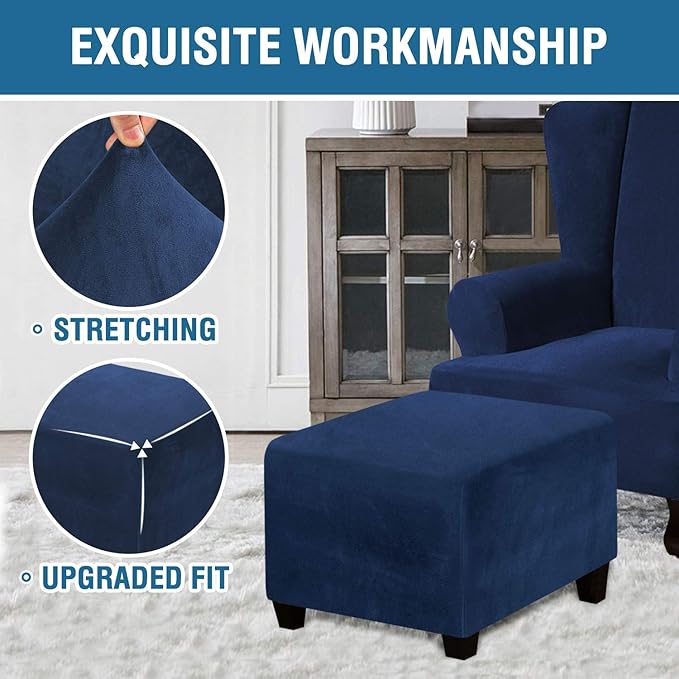 H.VERSAILTEX Square Ottoman Covers Ottoman Slipcover Square Footstool Protector Covers Storage Stool Ottoman Covers Stretch with Elastic Bottom, Feature Real Velvet Plush Fabric, Navy