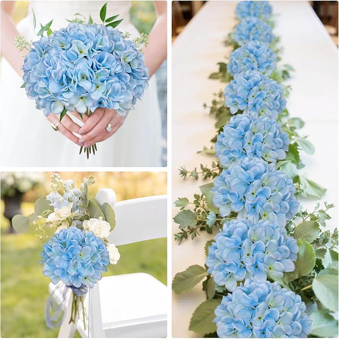 Hollyone 6 Pcs Blue Hydrangea Artificial Flowers Heads with Stems Silk Faux Hydrangea Blue Fake Flowers for Home Indoor Outdoor DIY Floral Wedding Flower Bouquets Kitchen Table Centerpiece Decor
