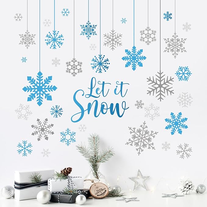 Mfault Winter Blue Grey Snowflakes Wall Decals Stickers, Let It Snow Decorations Bedroom Art, Christmas Seasonal Home Living Room Kitchen Decor