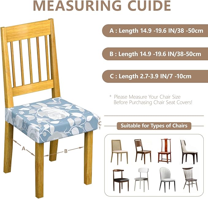 Stretch Dining Chair Seat Covers Set of 6,Dining Chair Slipcovers, Floral Printed Chair Covers,Soft Fabric Washable Upholstered Chair Seat Protector, No Rear Covers for Home Kitchen Dining Room