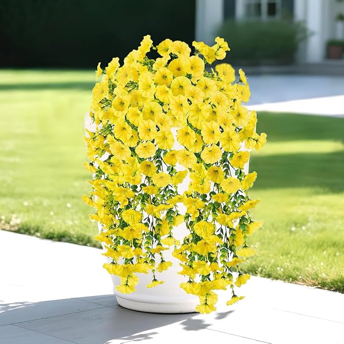 Artificial Flowers for Outdoors Decoration, 4Pcs Fake Hanging Flowers Morning Glory UV & Fading Resistant, Artificial Faux Plants Deocr for Home Porch Patio Balcony Planter Yard Garden Farmhouse