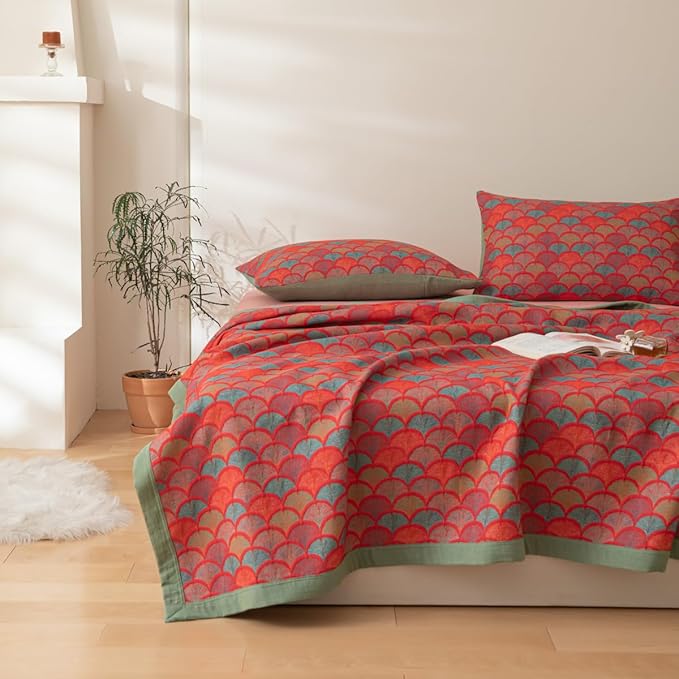 100% Cotton Muslin Blanket Jacquard Rustic Mermaid Fish Scales Quilt, Soft Bed Cover 3 Layers Reversible Bedspread Coverlet Breathable Lightweight Bedding King(98"x94"), No Pillow Sham