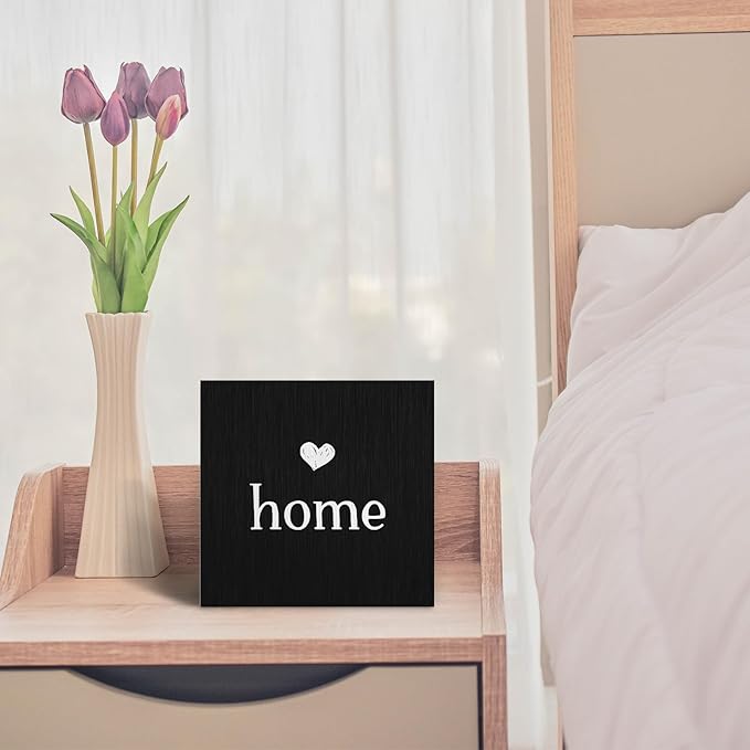 Home Sign, Home Signs for House Decor, Welcome Sign, Rustic Farmhouse Desk Decor Wood Block Box Plaque for Living Room Wall Shelf, Housewarming Gifts (Black)