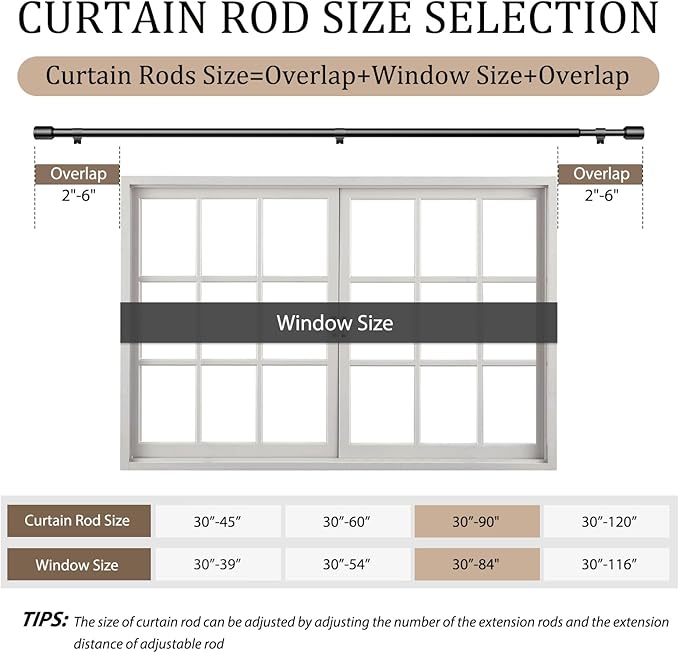 1” Diameter Black Curtain Rods for Windows, 2 Pack 30-90 Inch Heavy Duty Window Rods, Long Adjustable Curtain Rod, Fits Most Standard Windows, Suitable for Bedroom, Living Room, Farmhouse