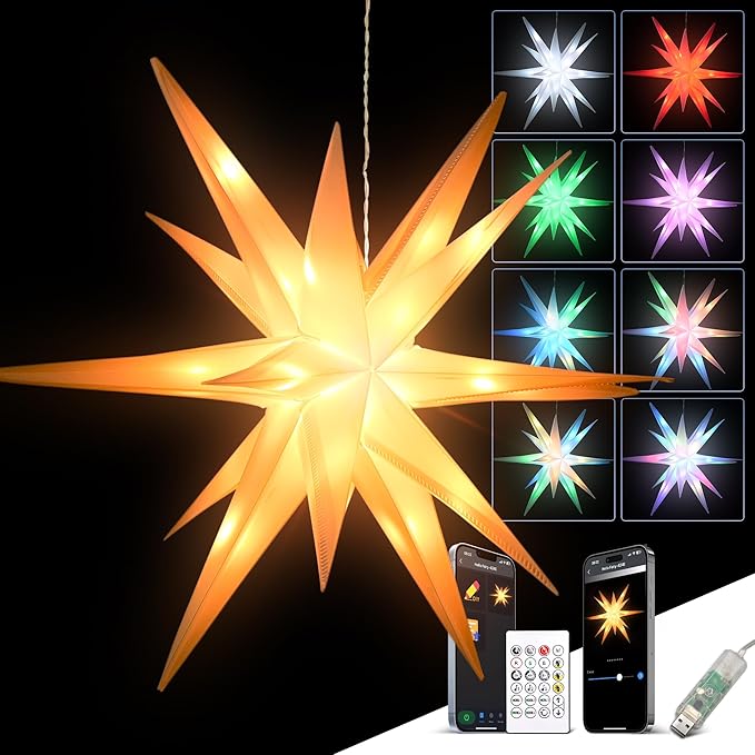 21” Lighted Moravian Star - Foldable Christmas Topper Star with USB-A Port, DIY Colors Changing with Smart APP, Music Sync, Timer, Xmas Hanging Lighted Stars, New Year Holiday Decorations