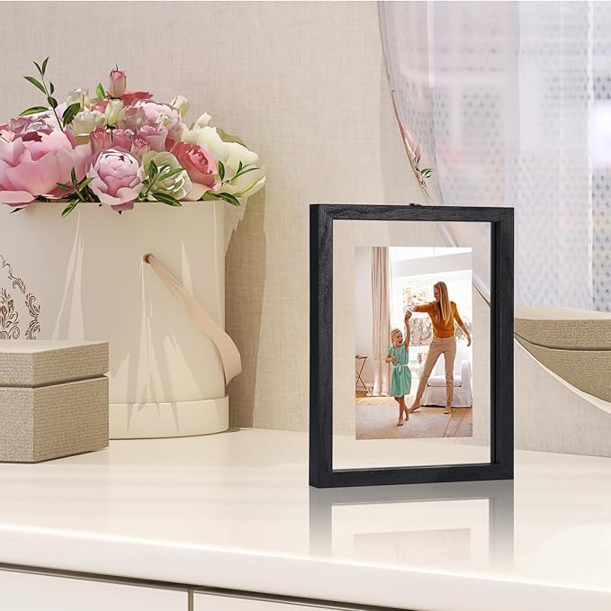 Trwcrt 4x6 Floating Picture Frames Set of 4, Double Glass Photo Frame Display up to 6 x 8 Photos for Desktop or Wall Hanging, Black